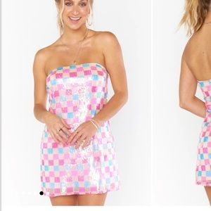 pink checkered sequin dress “On My Way dress”